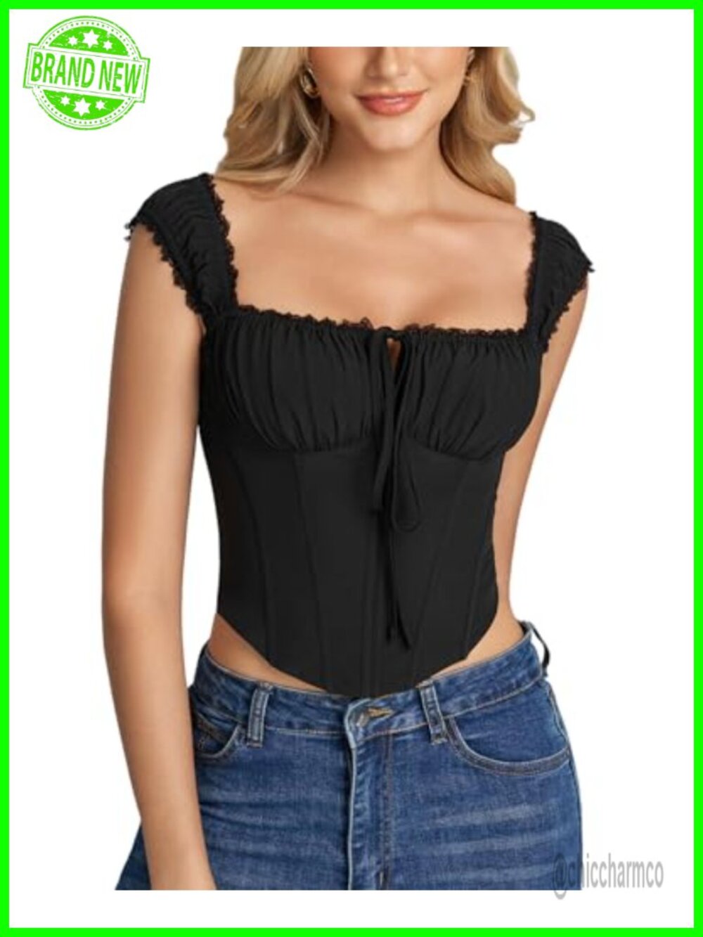 Lace Trim Square Neck Corset Bustier Top Lace Up Back Boned